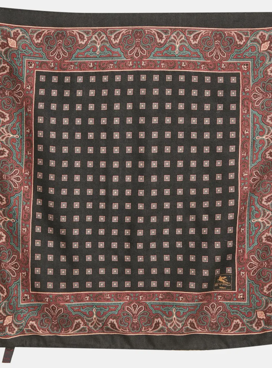 Etro Black Paisley Print Wool & Silk Neckerchief