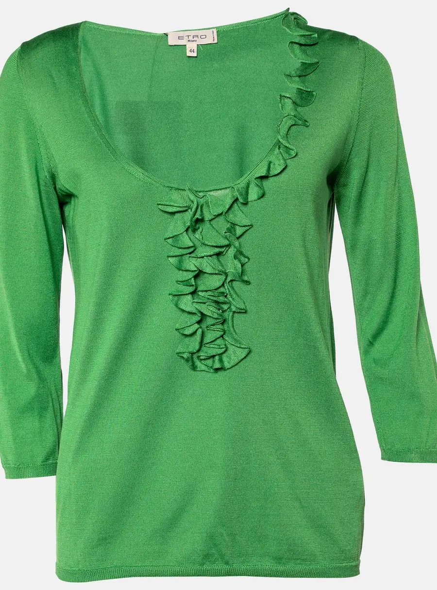 Etro Green Silk Knit Ruffled Top M