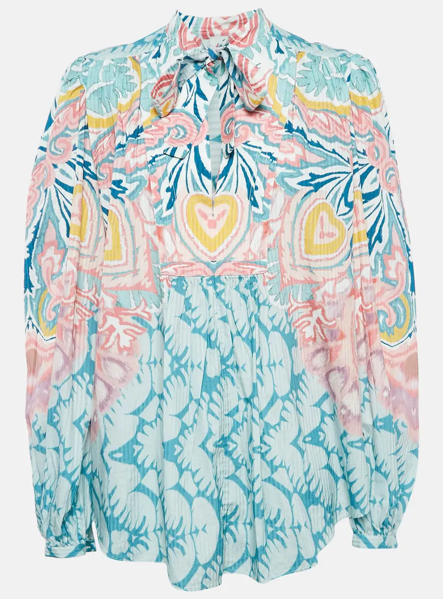 Etro Blue Printed Cotton Blend Billow Sleeve Blouse M
