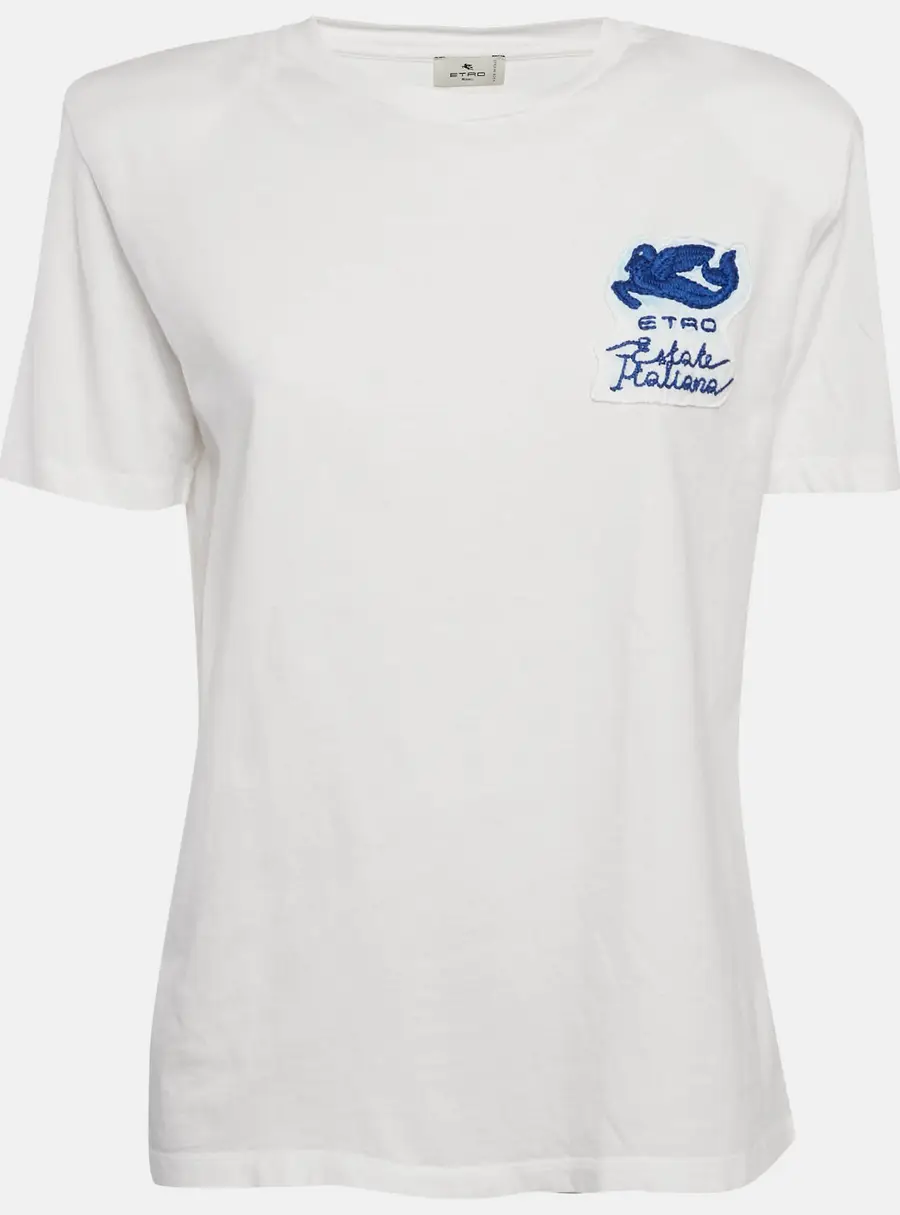 Etro White Applique Jersey Structured Shoulder T-Shirt S
