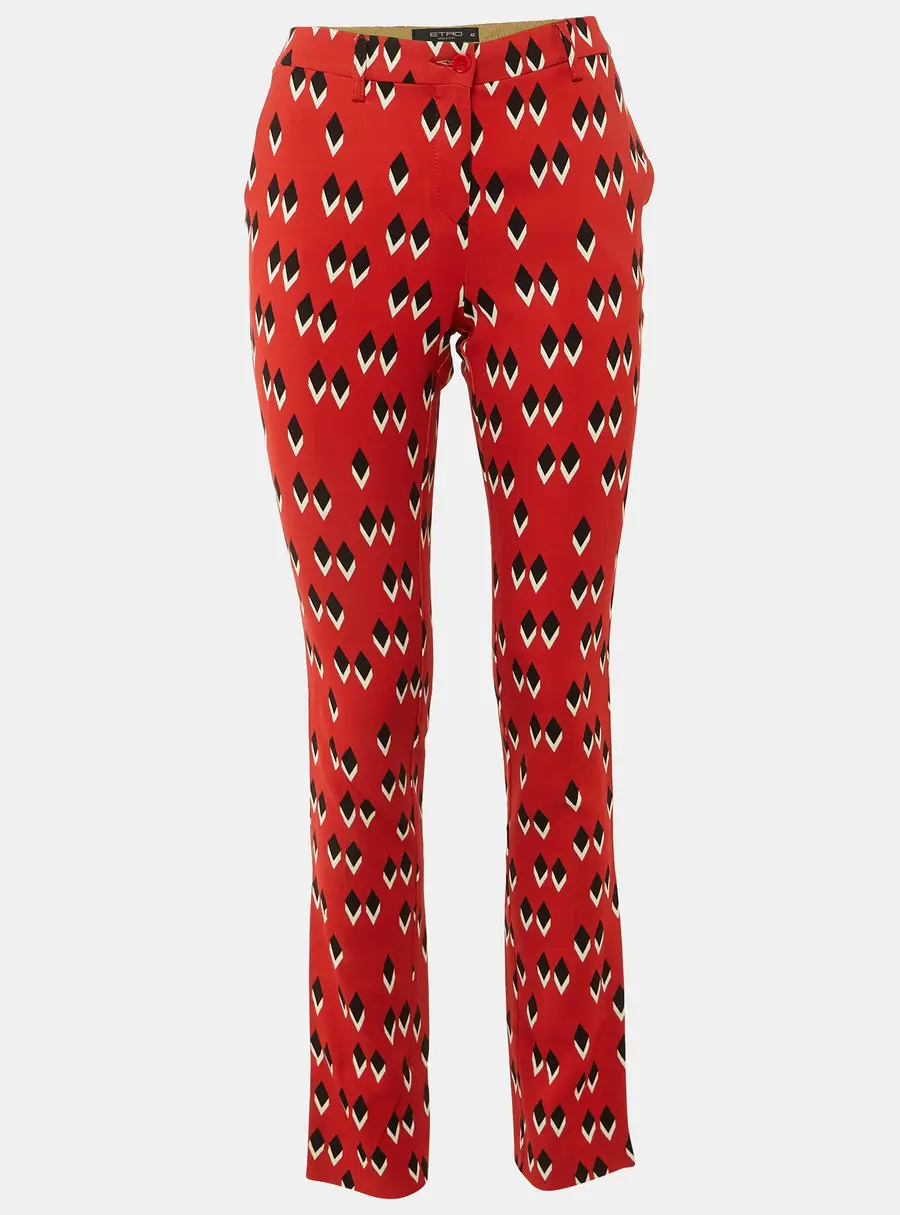 Etro Red Geometric Print Crepe Slim Fit Trousers M