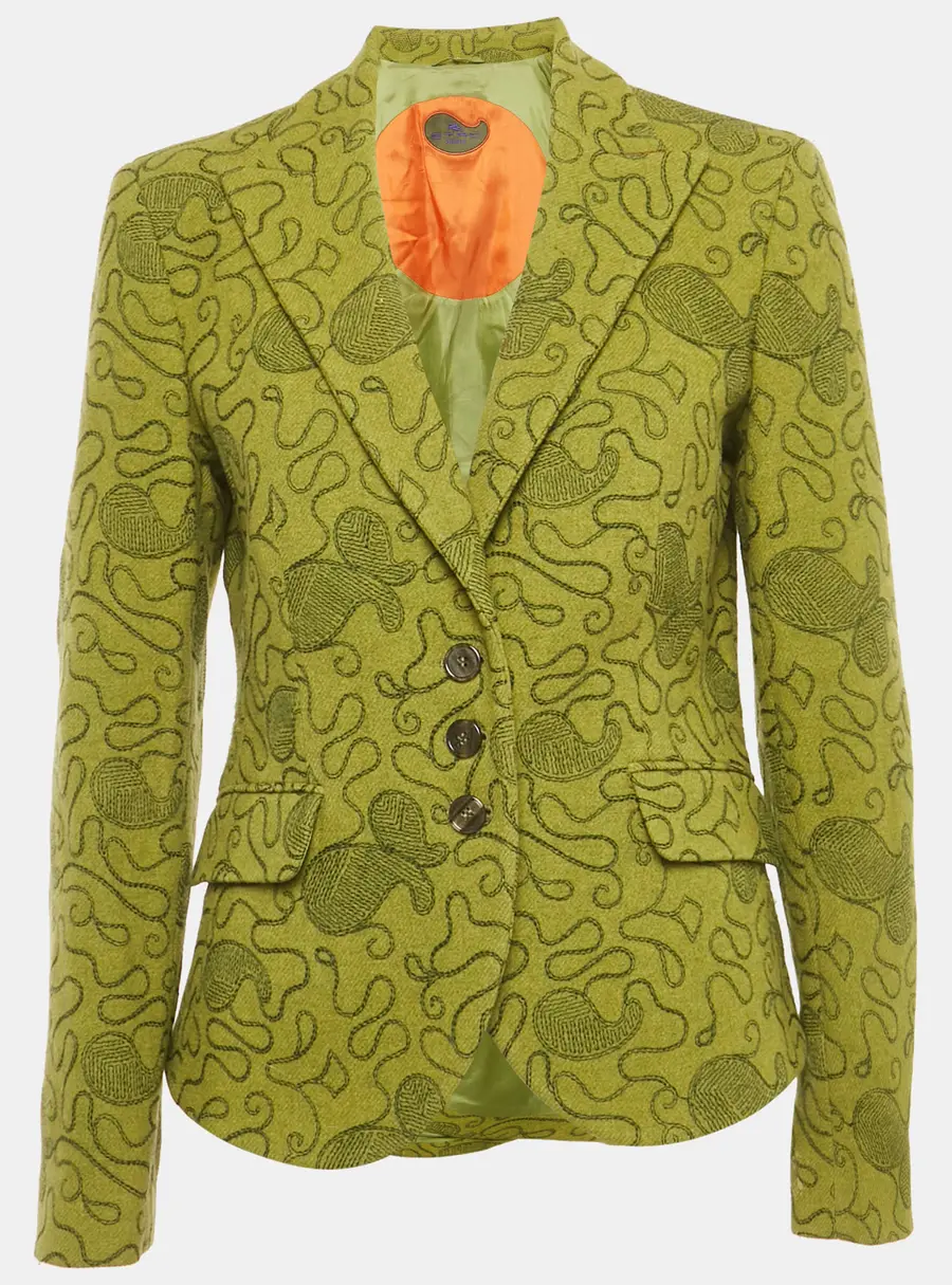 Etro Green Embroidered Wool Single Breasted Blazer L