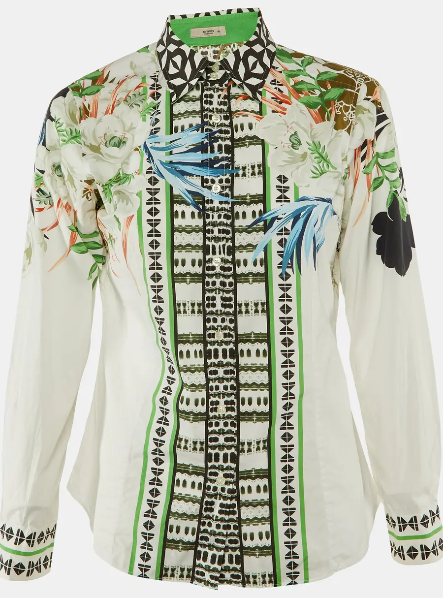 Etro White/Green Floral Print Cotton Long Sleeve Shirt M