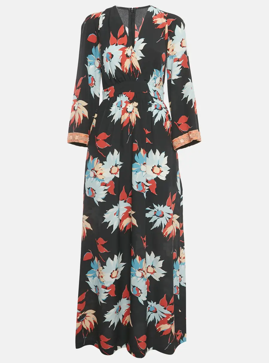 Etro Black Floral Print Silk Embellished Cuff Detail Dress S