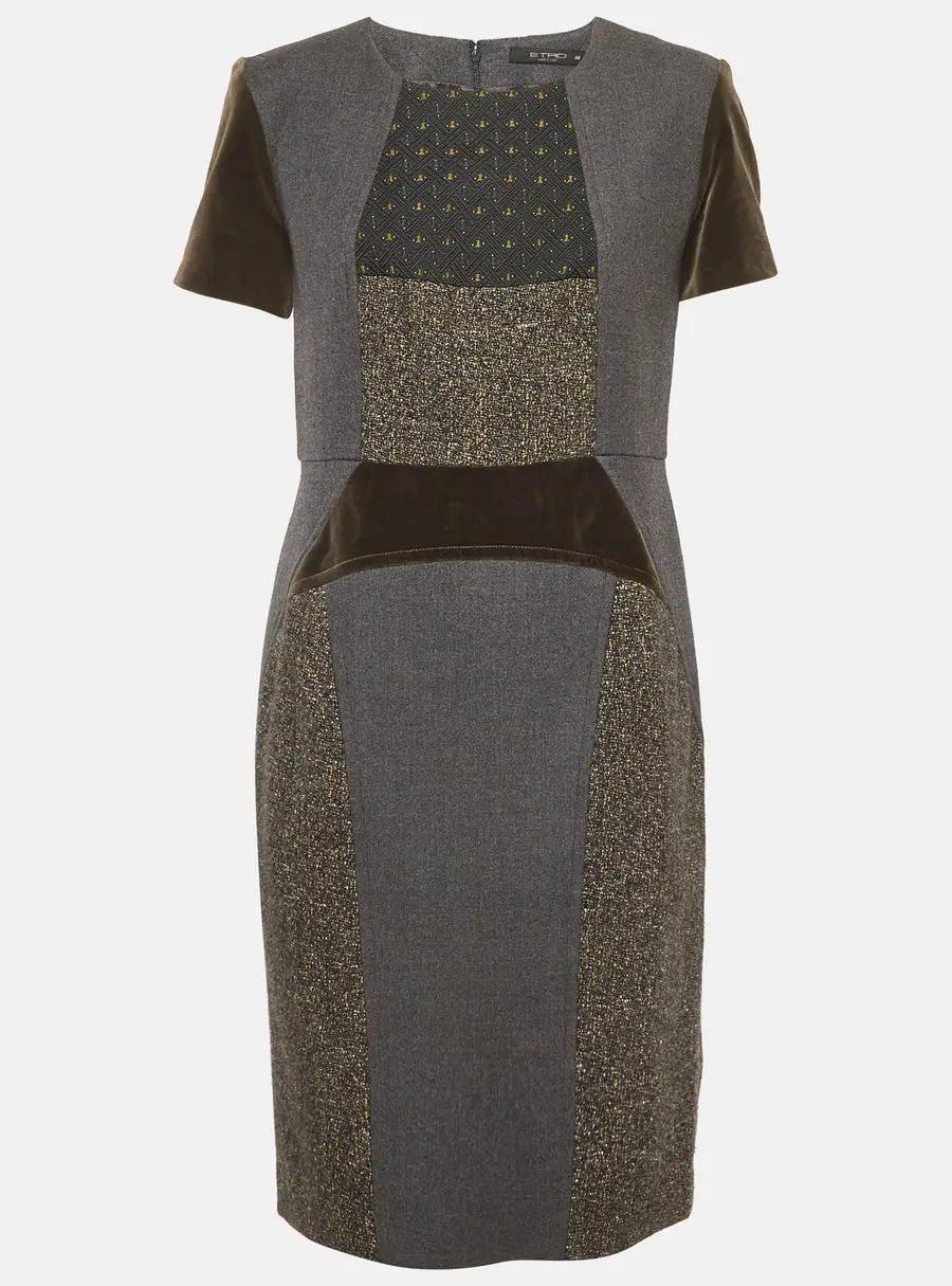 Etro Grey Wool and Velvet Patchwork Shift Mini Dress L