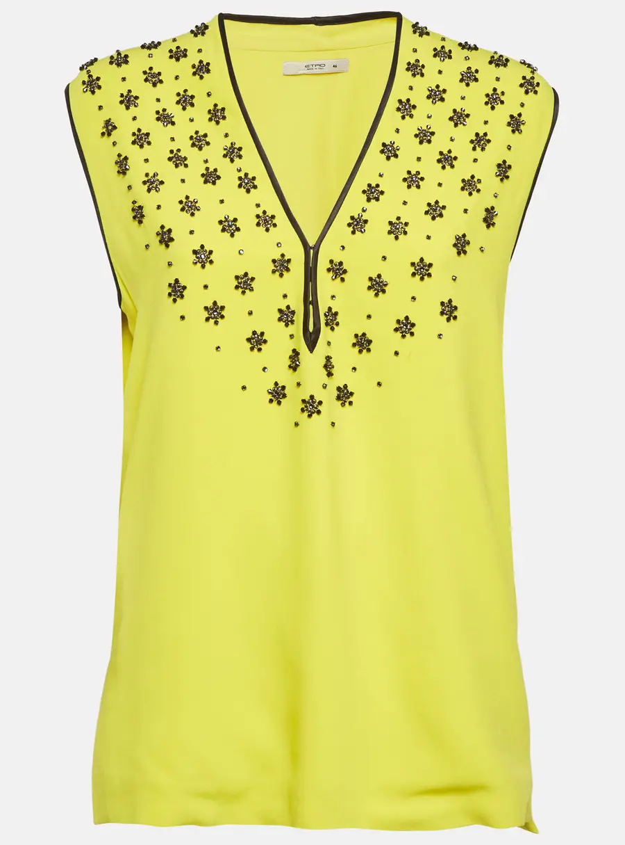Etro Yellow Embellished Crepe Sleeveless Top L