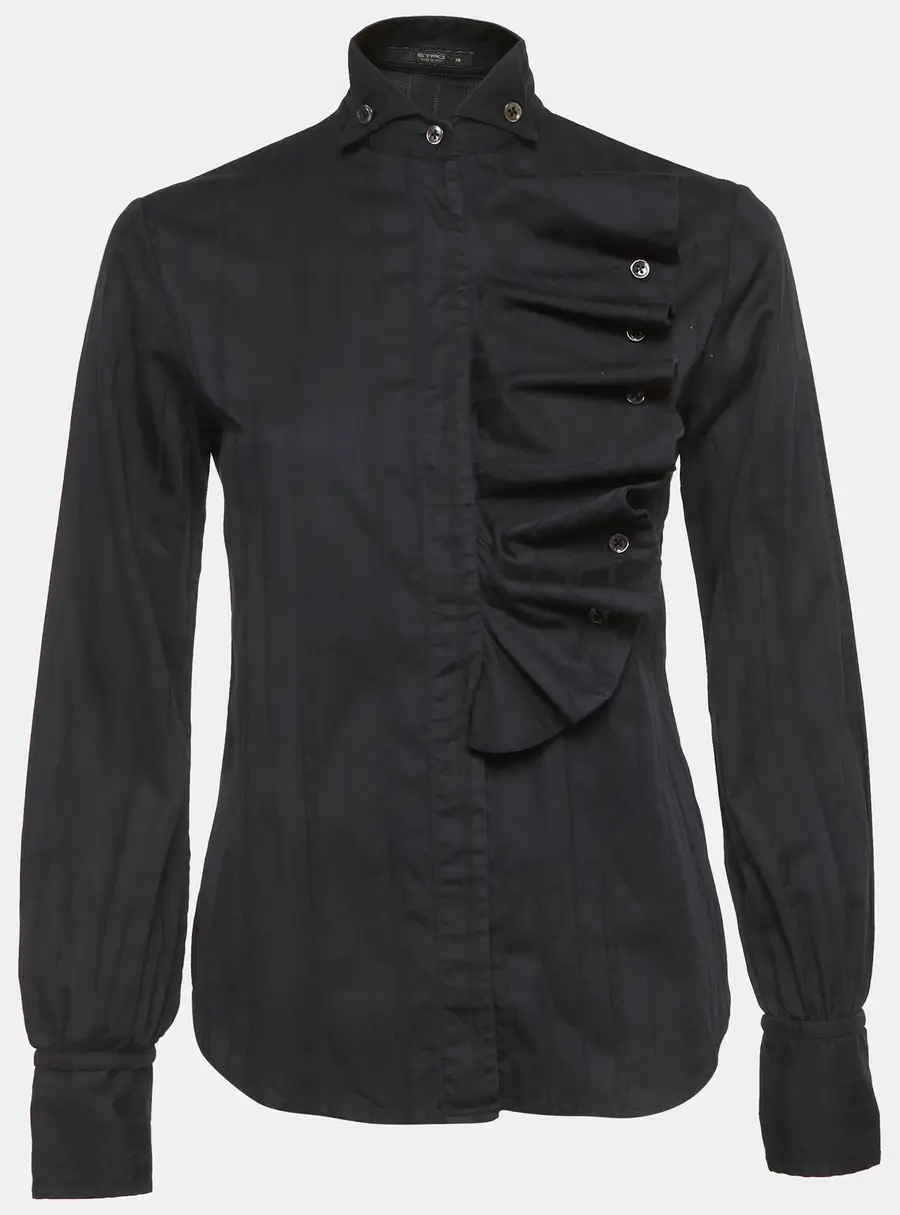 Etro Black Striped Textured Cotton Ruffle Shirt S