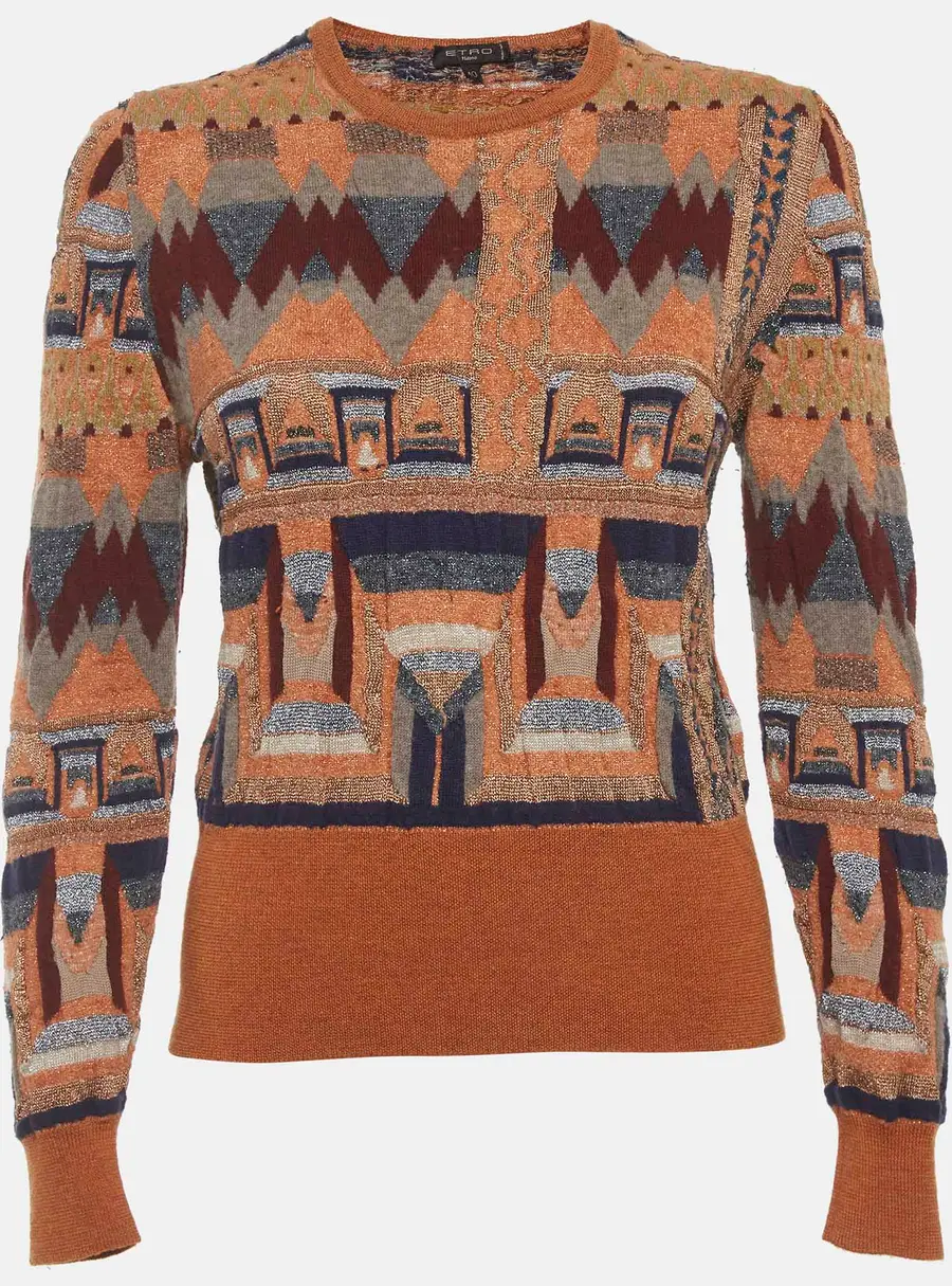 Etro Multicolor Geometric Wool Blend Knit Jacquard Metallic Sweater S