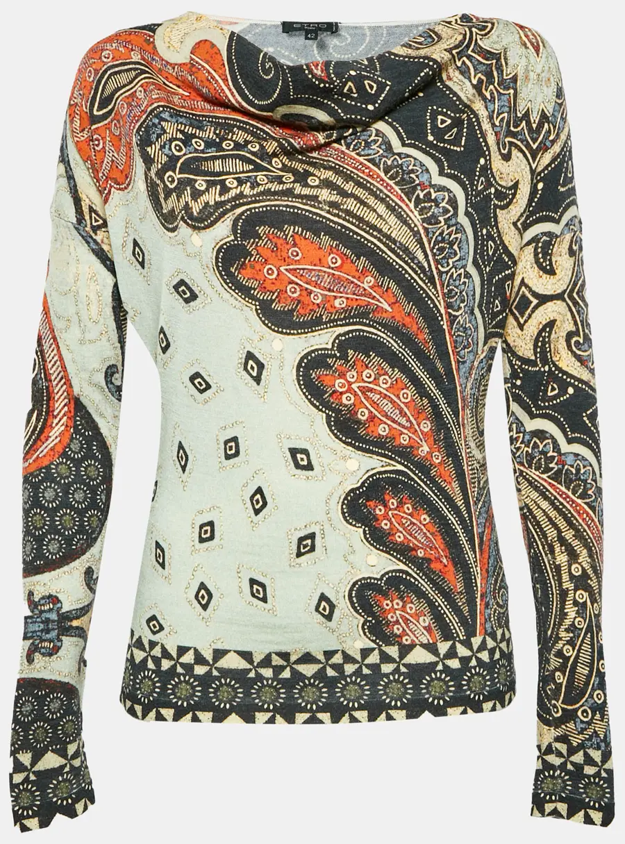 Etro Multicolor Paisley Print Wool Knit Cowl Neck Top M