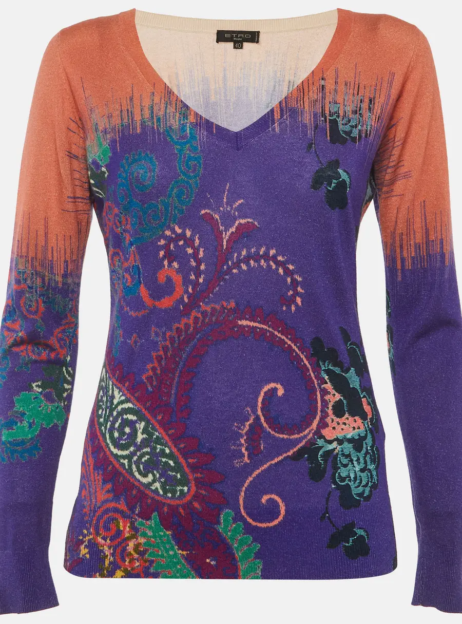 Etro Multicolor Paisley Print Knit V-Neck Long Sleeve Top S