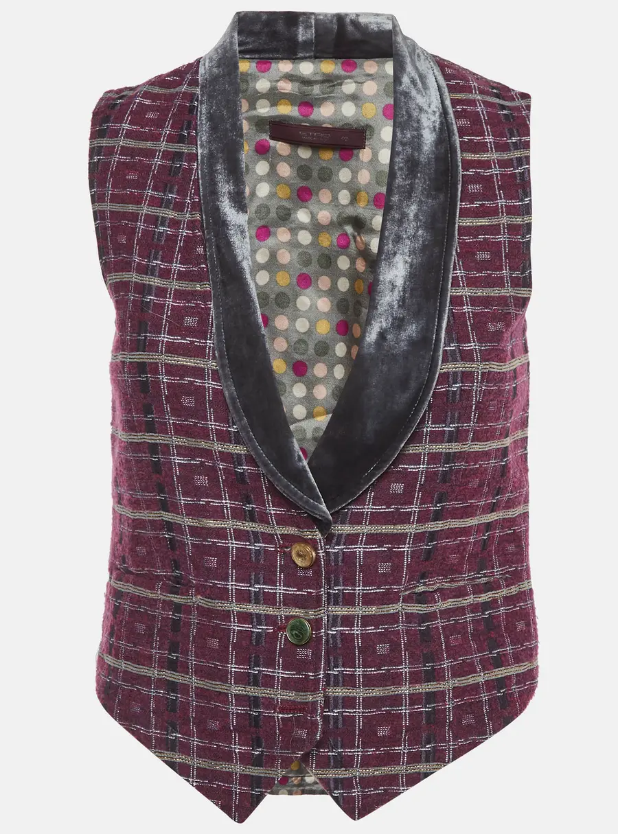 Etro Purple Checks Tweed and Velvet Collar Vest S