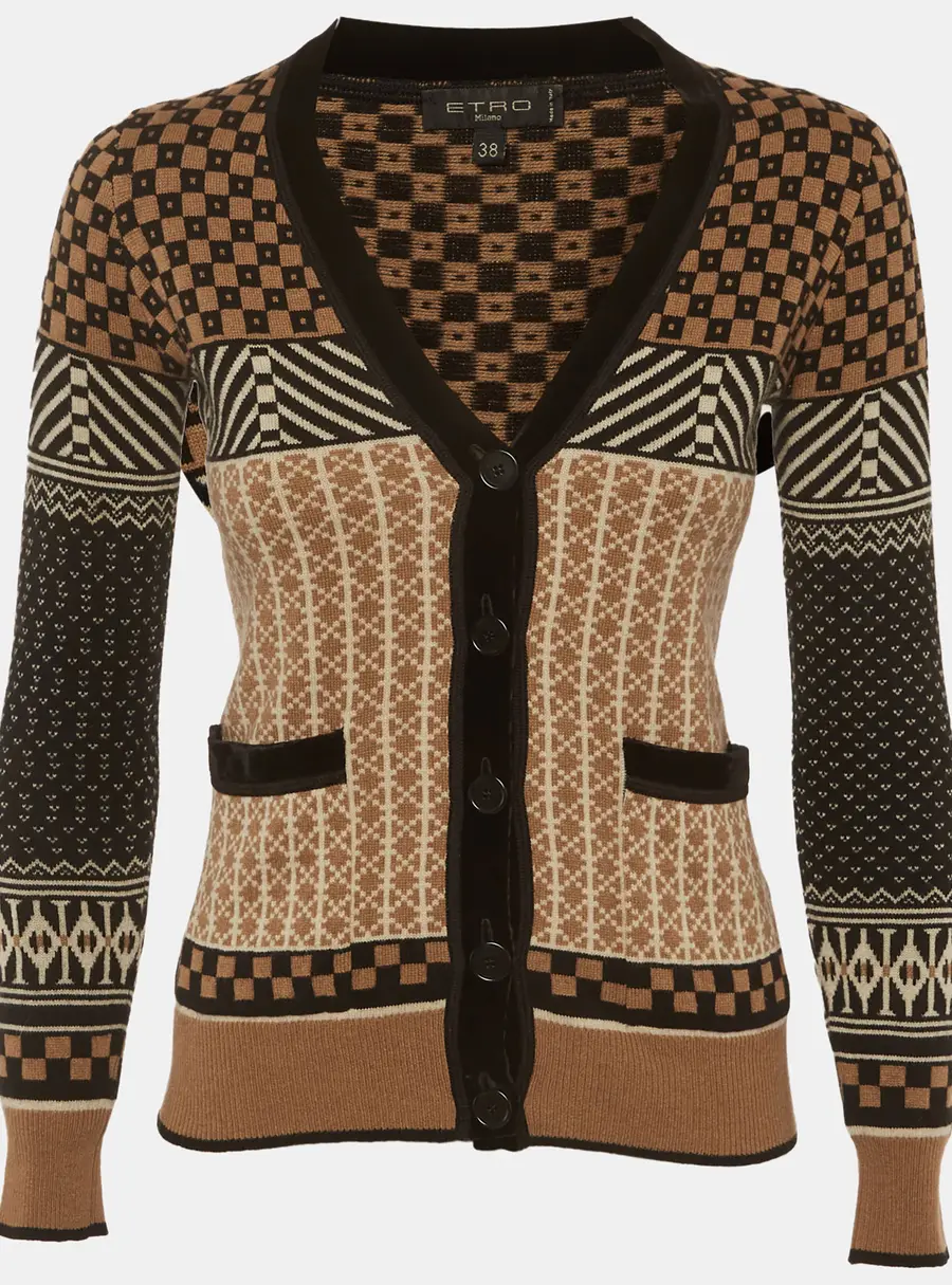 Etro Beige/Black Intarsia Button Front Cardigan S