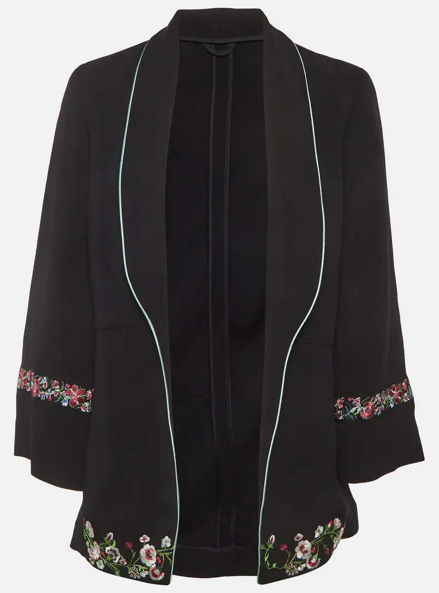 Etro Black Crepe Floral Embroidered Blazer M
