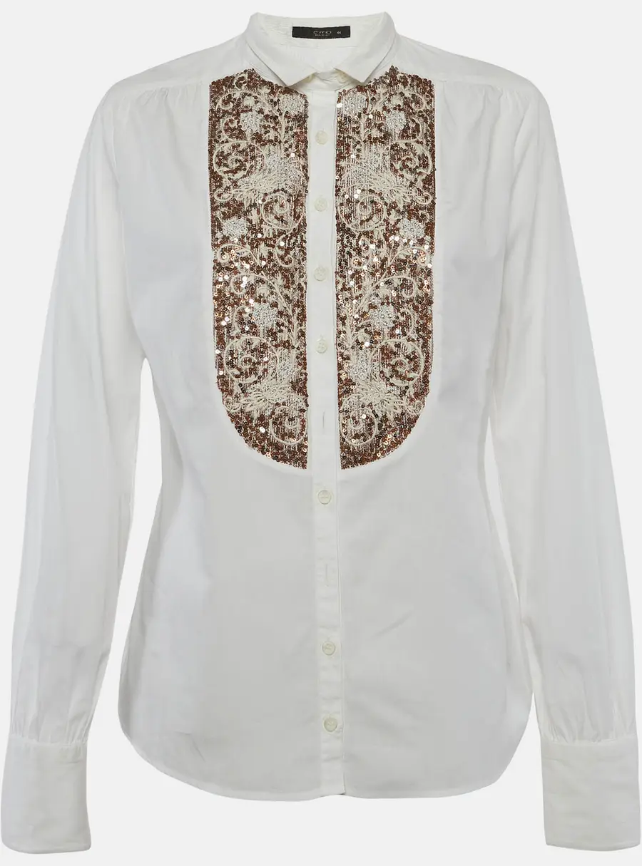 Etro White Sequin Embroidered Cotton Shirt M