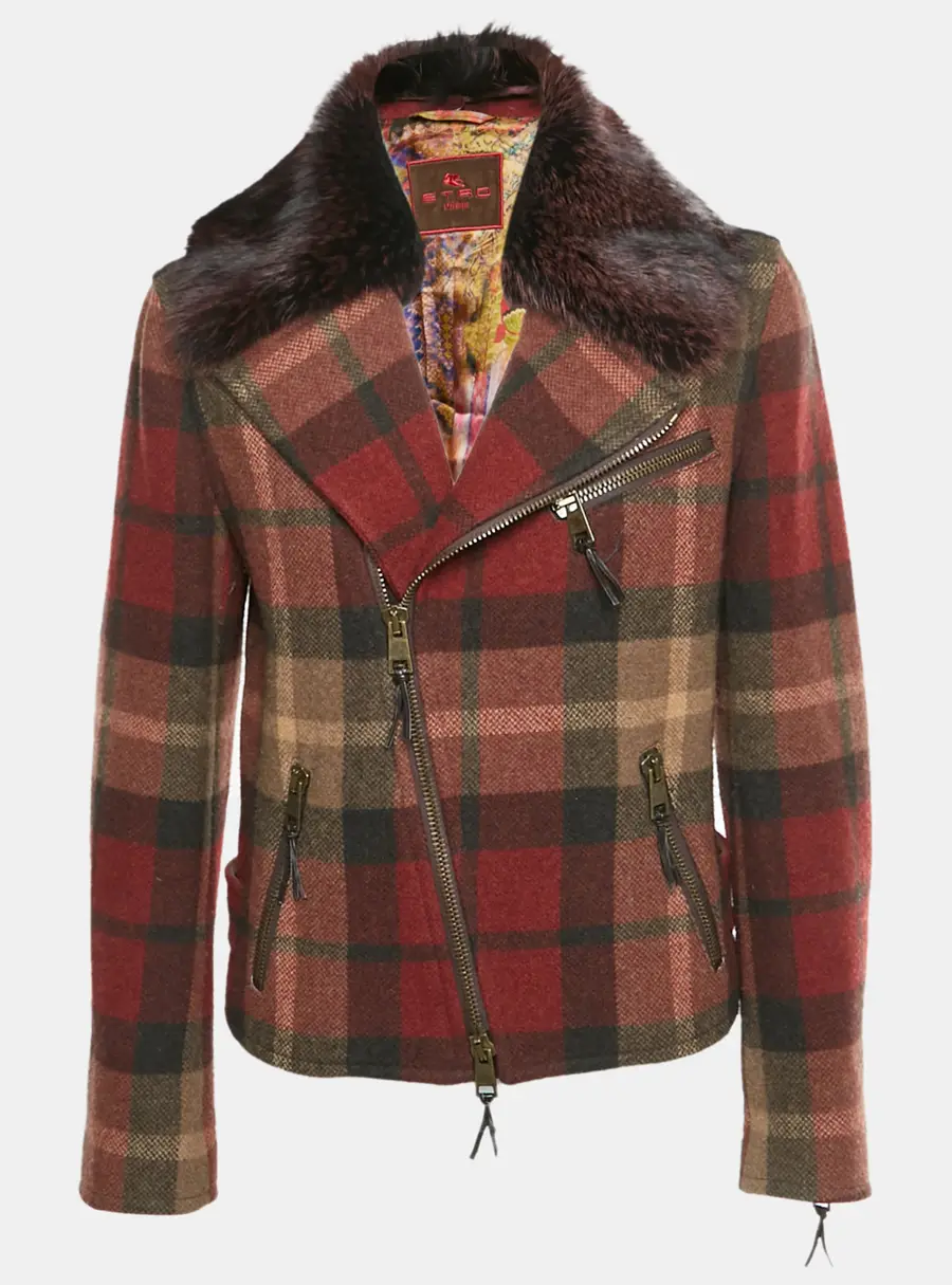 Etro Burgundy Checks Wool and Fox Fur Collar Jacket M