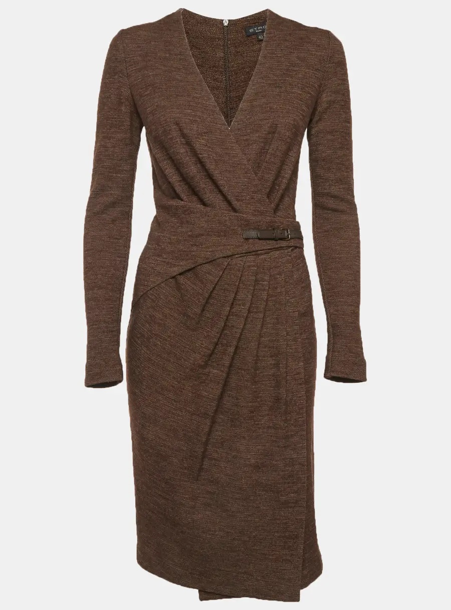 Etro Brown Wool Blend Knit Side Pleated Short Dress S
