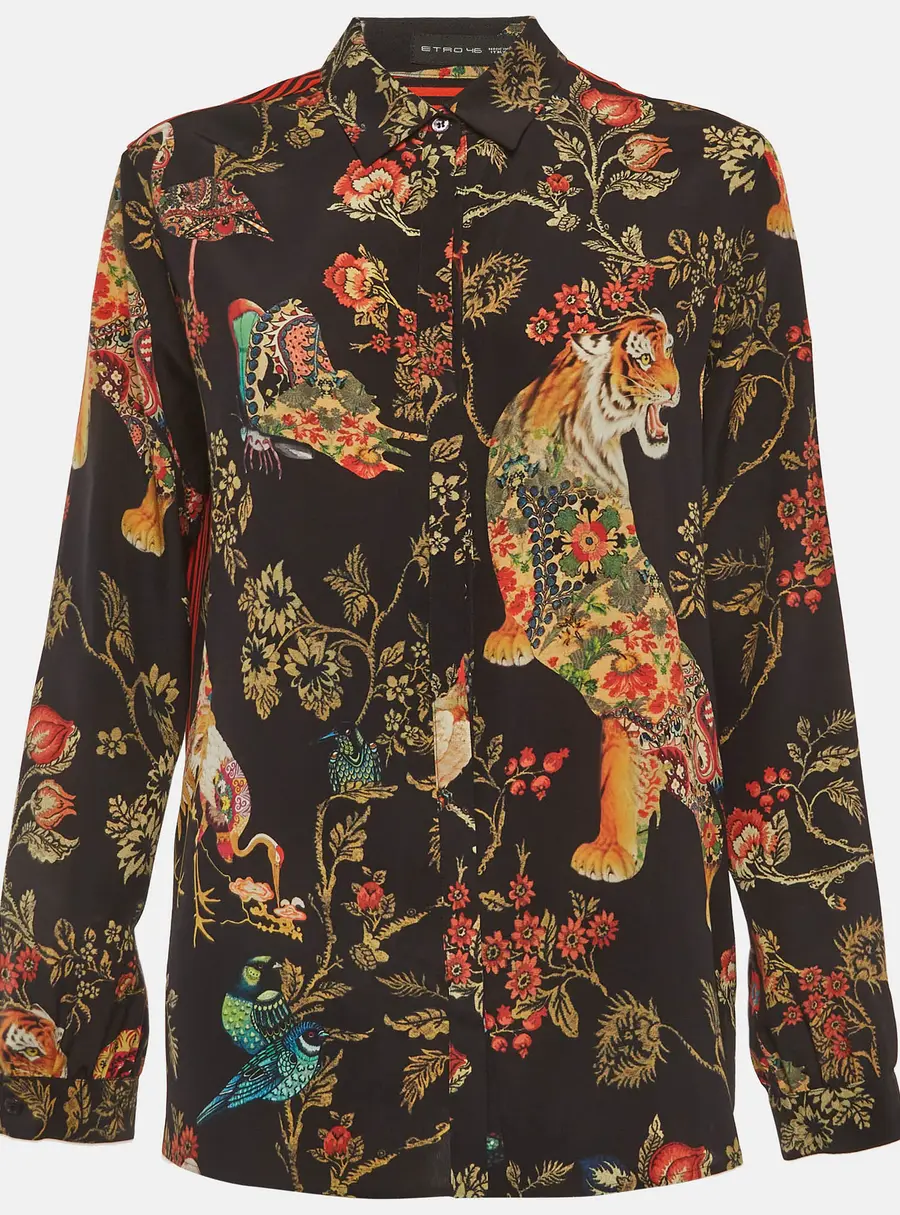 Etro Multicolor Floral/Striped Print Silk Button Up Shirt L