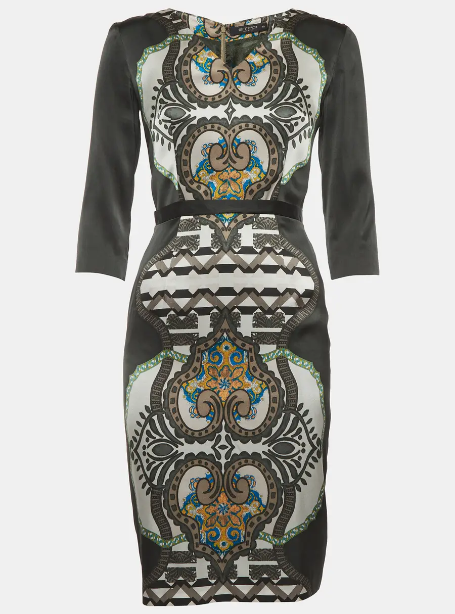 Etro Green Printed Satin Silk Sheath Dress S