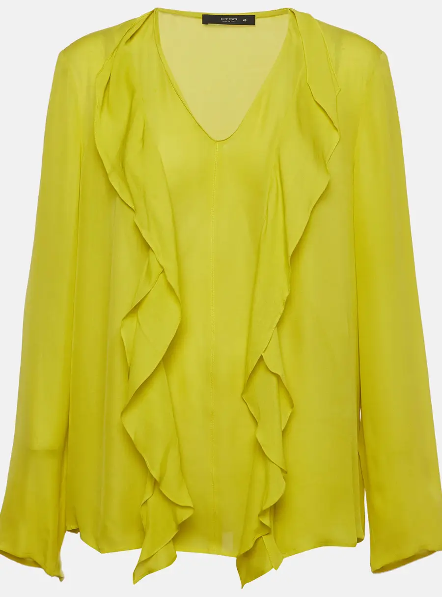 Etro Green Silk Crepe Flounce Detailed Blouse L