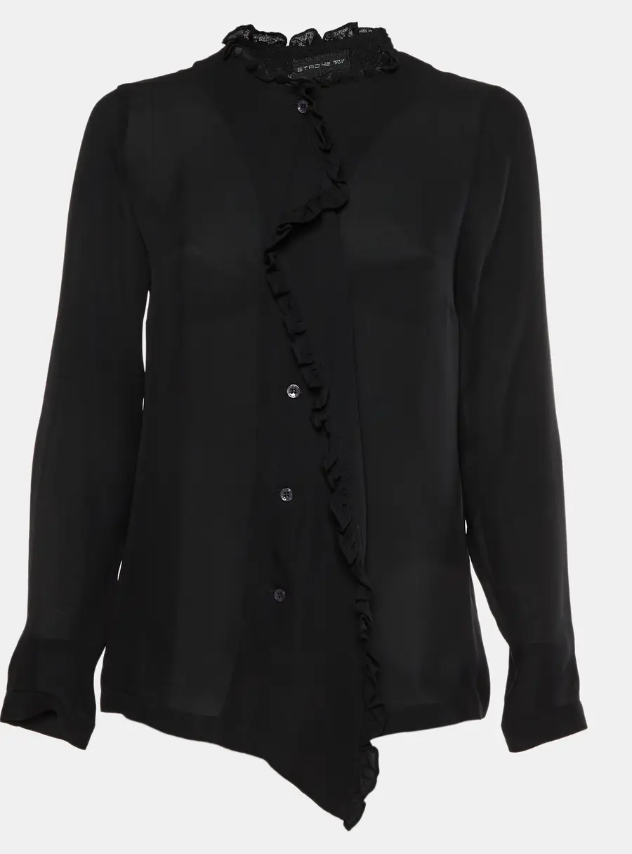 Etro Black Silk Chiffon Button Up Ruffle Blouse M