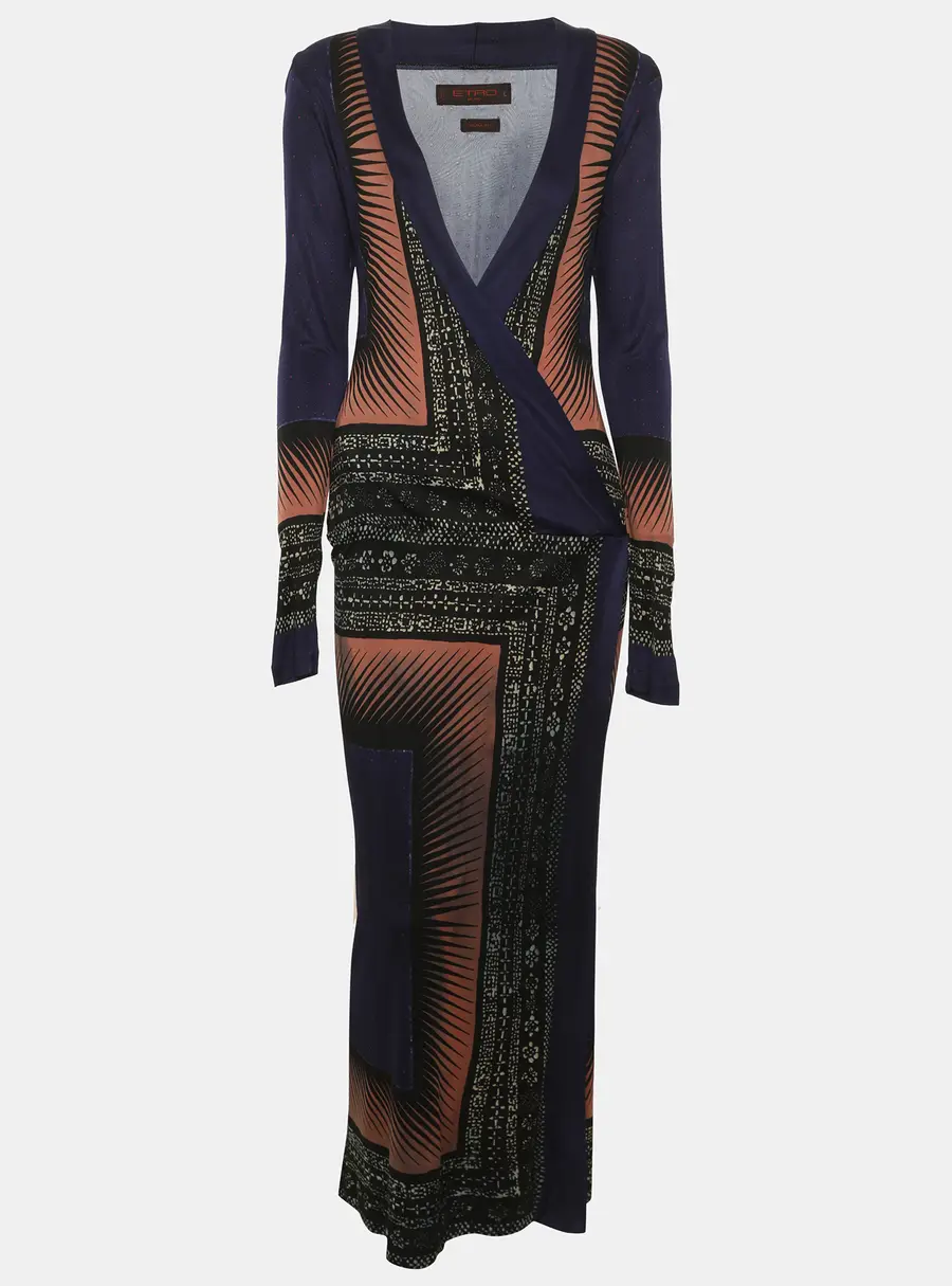 Etro Multicolor Abstract Art Deco Printed Jersey Slim Fit V Neck Dress L