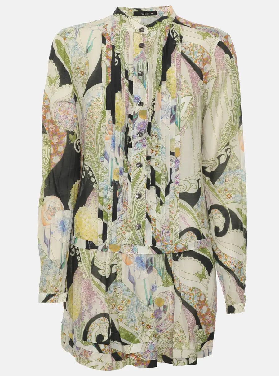 Etro Multicolor Printed Poplin Pleated Front Blouse M