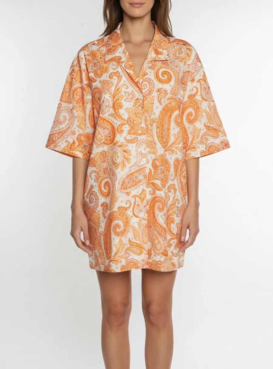 Etro Orange Paisley Print Poplin Bowling Shirt XL