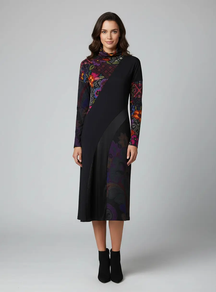 Etro Black Mixed Print Jersey and Satin Desigual High Neck Midi Dress M