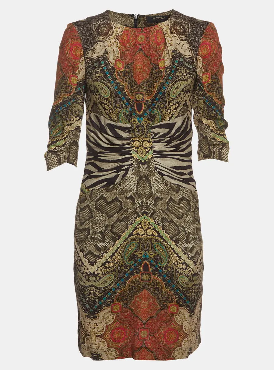Etro Multicolour Mixed Print Stretch Satin Ruched Mini Dress M