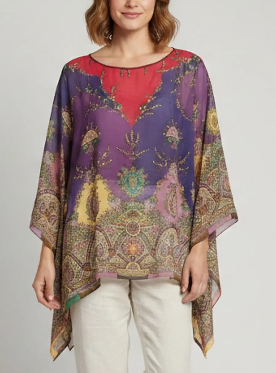 Etro Multicolor Paisley Print Beaded Chiffon Kaftan Blouse One Size
