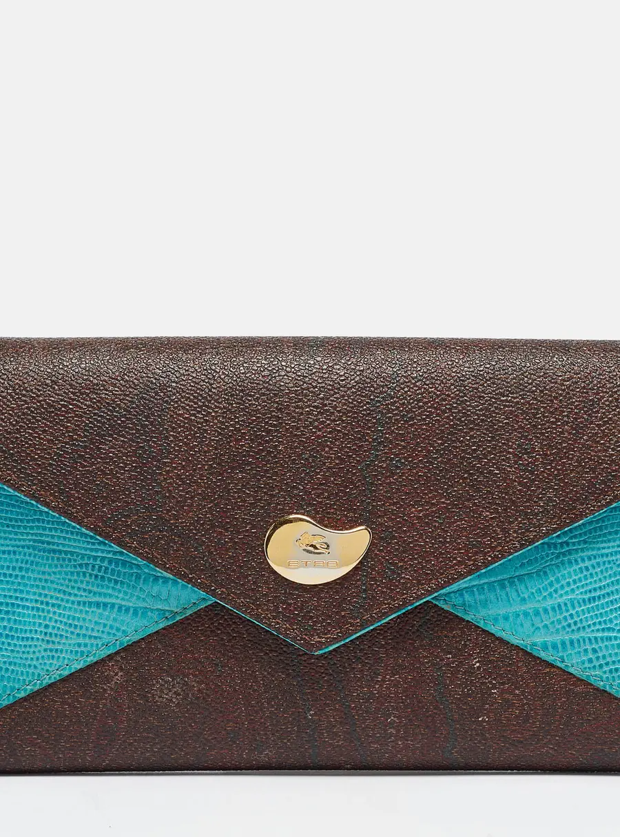 Etro Brown/Blue Paisley Coated Canvas and Lizard Embossed Leather Trifold Continental Wallet