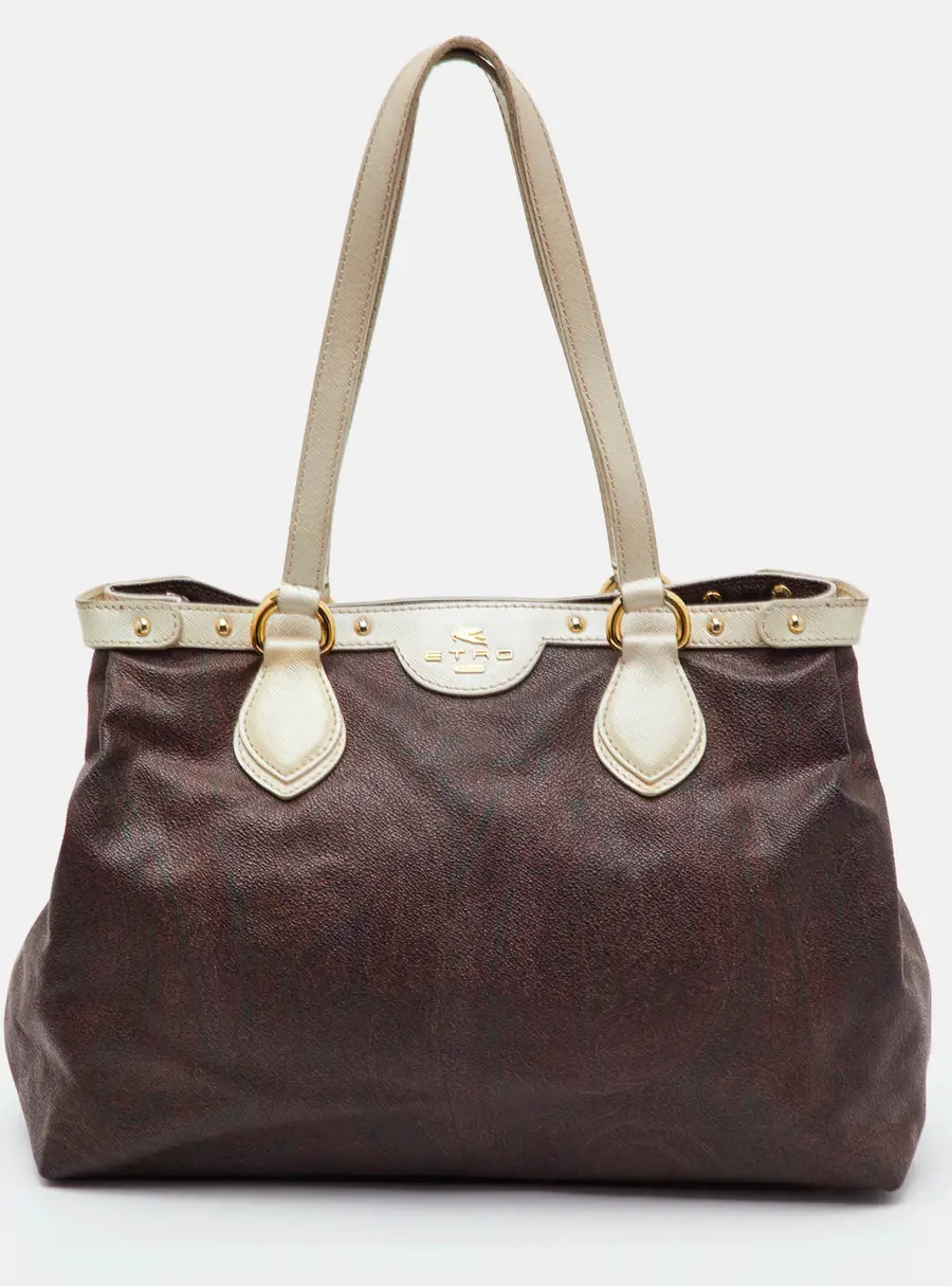 Etro Paisley Dark Brown/Gold Coated Canvas and Saffiano Leather Tote