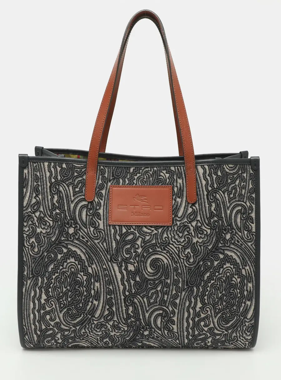 Etro Navy Blue Paisley Jacquard and Leather Shopper Tote