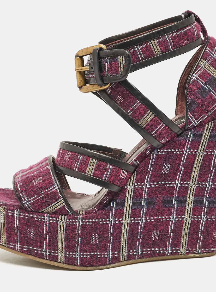 Etro Magenta Pink/Black Tweed and Leather Platform Wedge Sandals Size 40