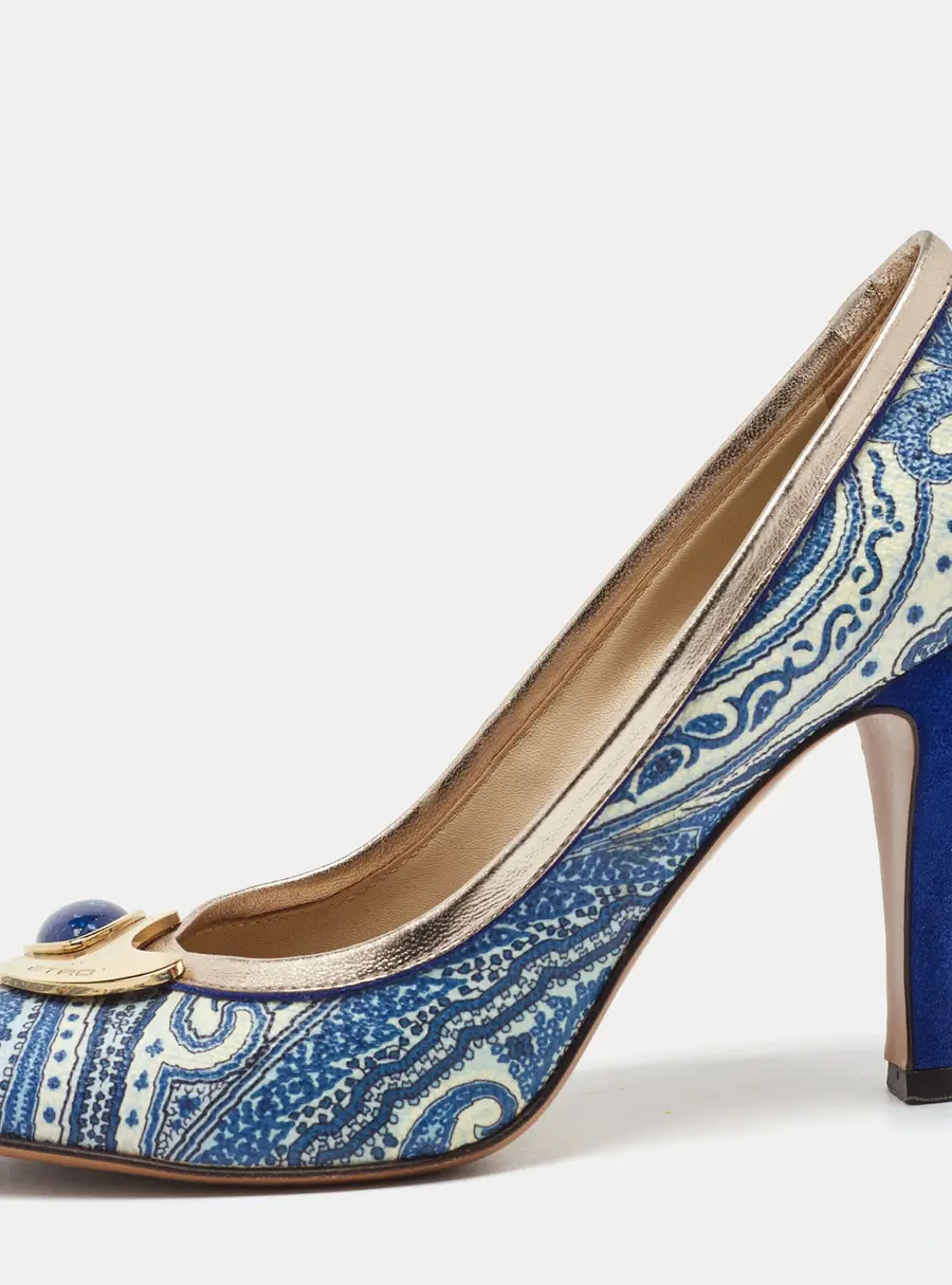 Etro Blue/White Paisley Print Coated Canvas Embellished Pumps Size 37.5