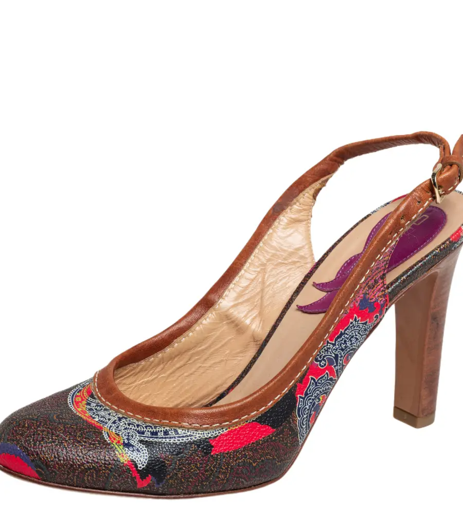 Etro Brown Paisley Print Coated Canvas and Leather Trim Slingback Pumps Size 37