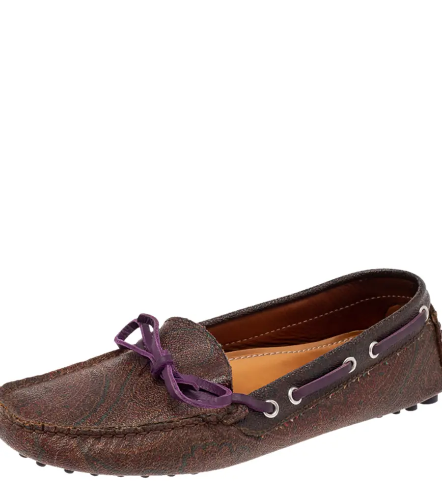Etro Brown Paisley Print Coated Canvas Bow Slip On Loafers Size 38