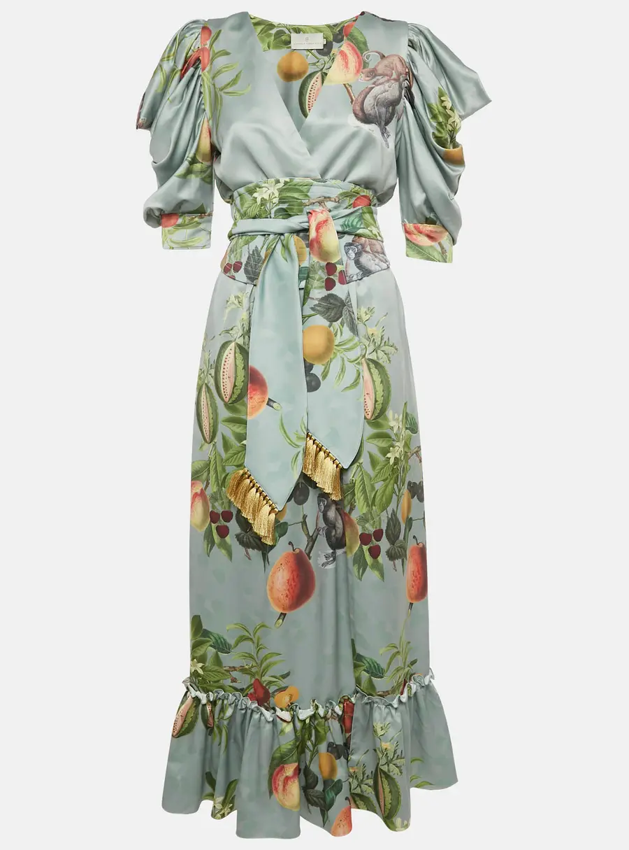 Eugenia Fernandez Sage Green Printed Satin Palma Maxi Dress XS