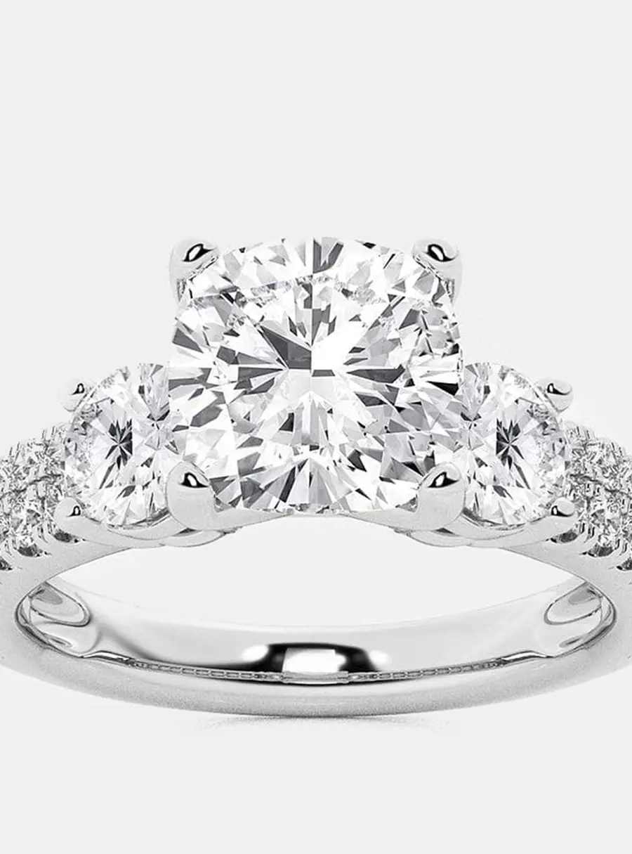 14K White Gold Cushion & Round Lab Grown Diamond Engagement Ring with Double Row Side Accents US 7 (1 1/2 ctw)