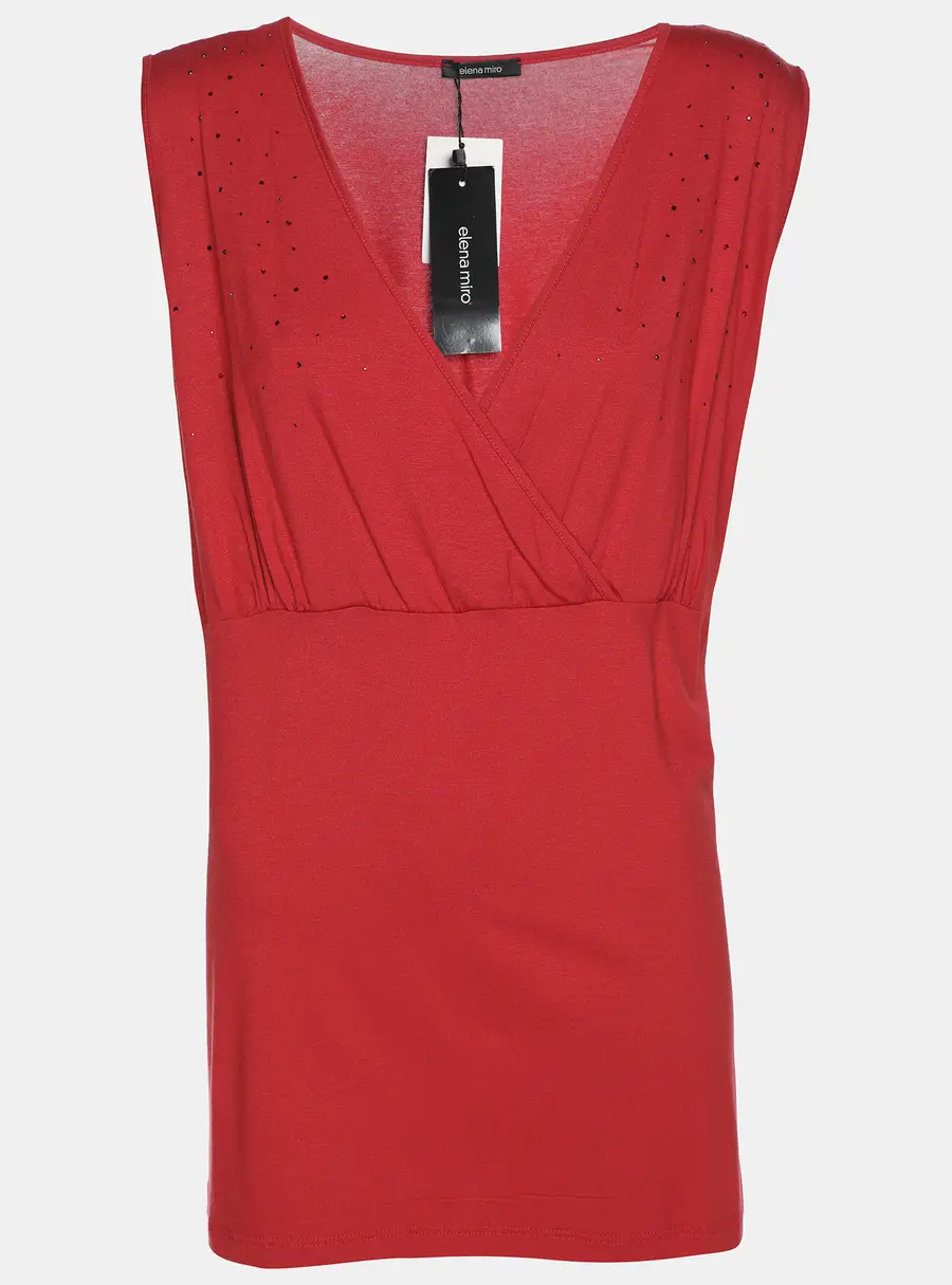 Elena Miro Red Jersey Crystal Embellished V Neck Top L