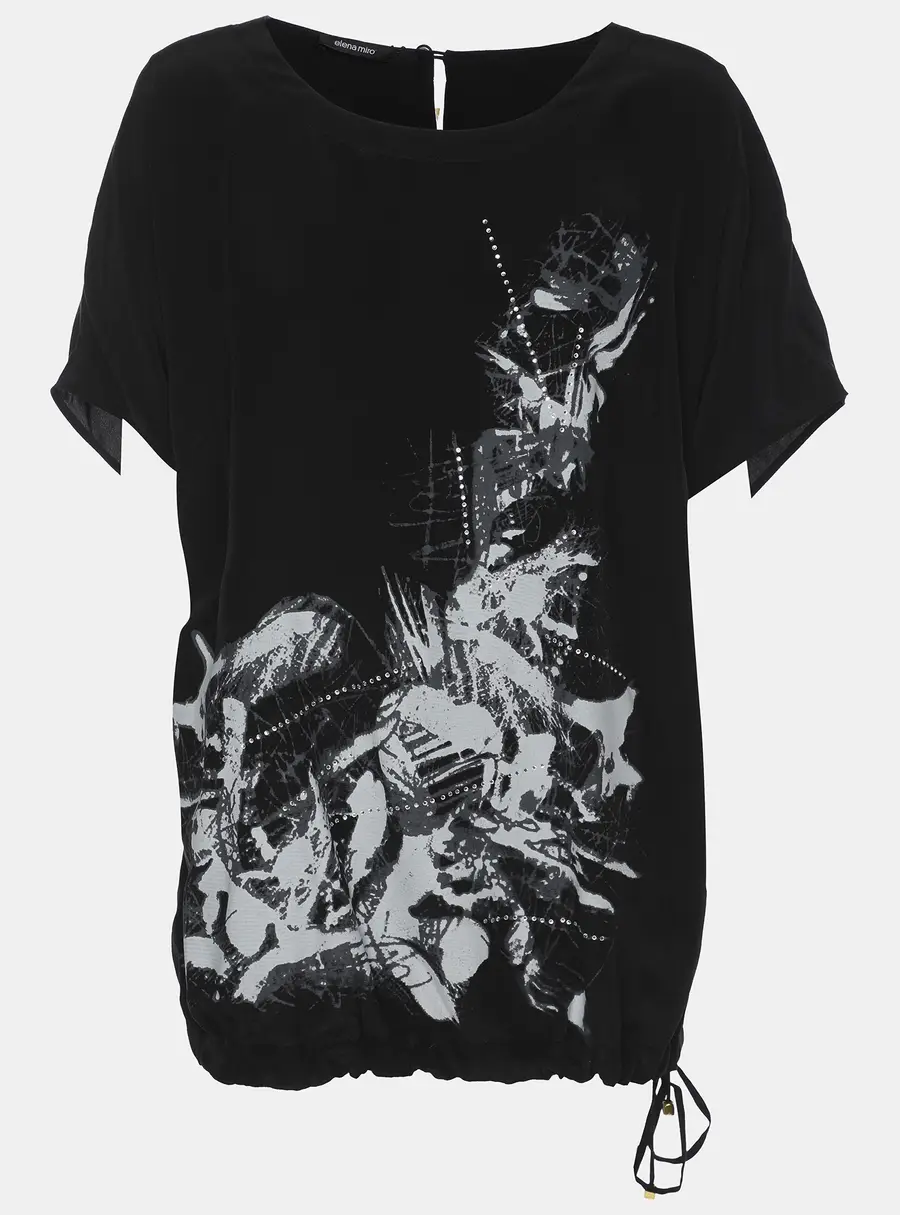 Elena Miro Black Printed and Crystal Embellished Drawstring Top L