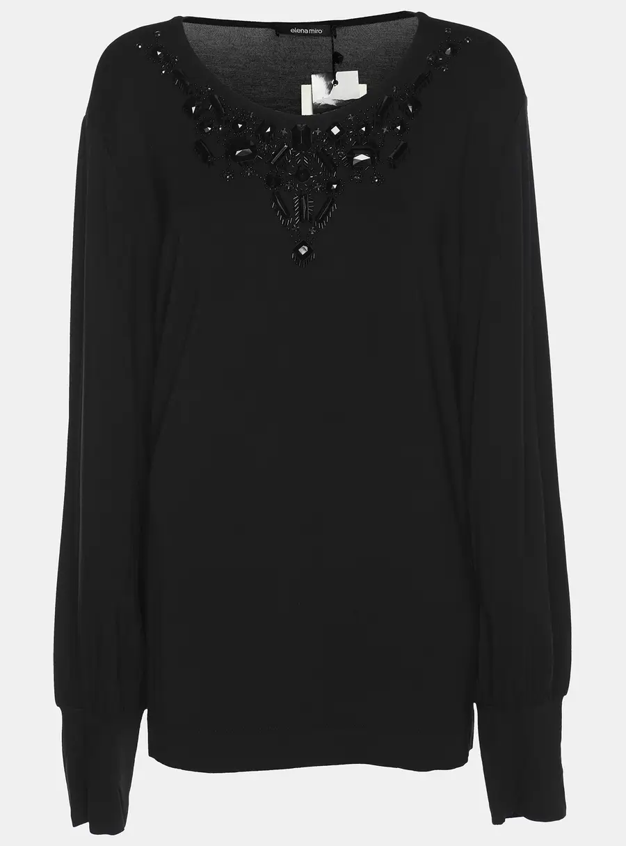 Elena Miro Black Jersey Embellished Long Sleeve Sweater L