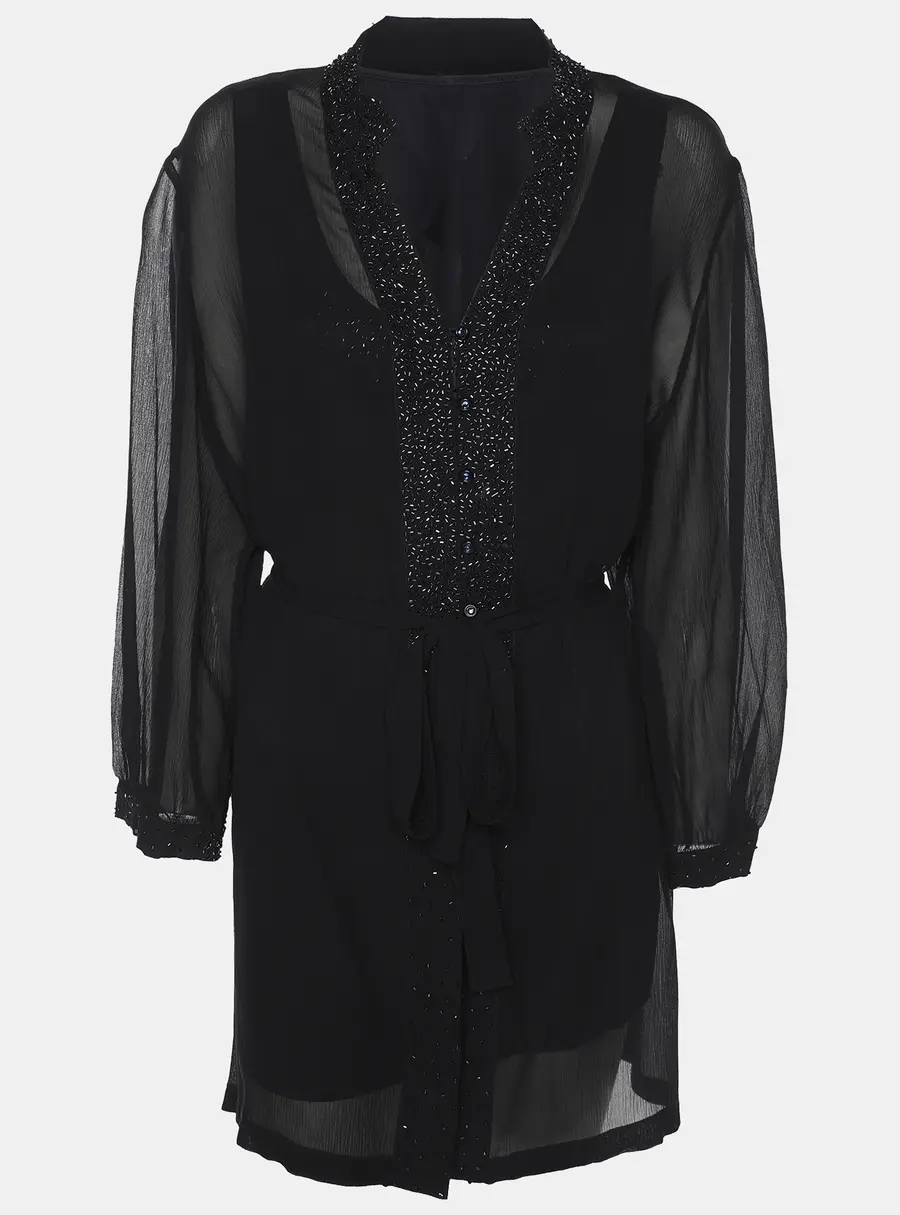 Elena Miro Black Chiffon Embellished Long Sleeve Shirt Set XL