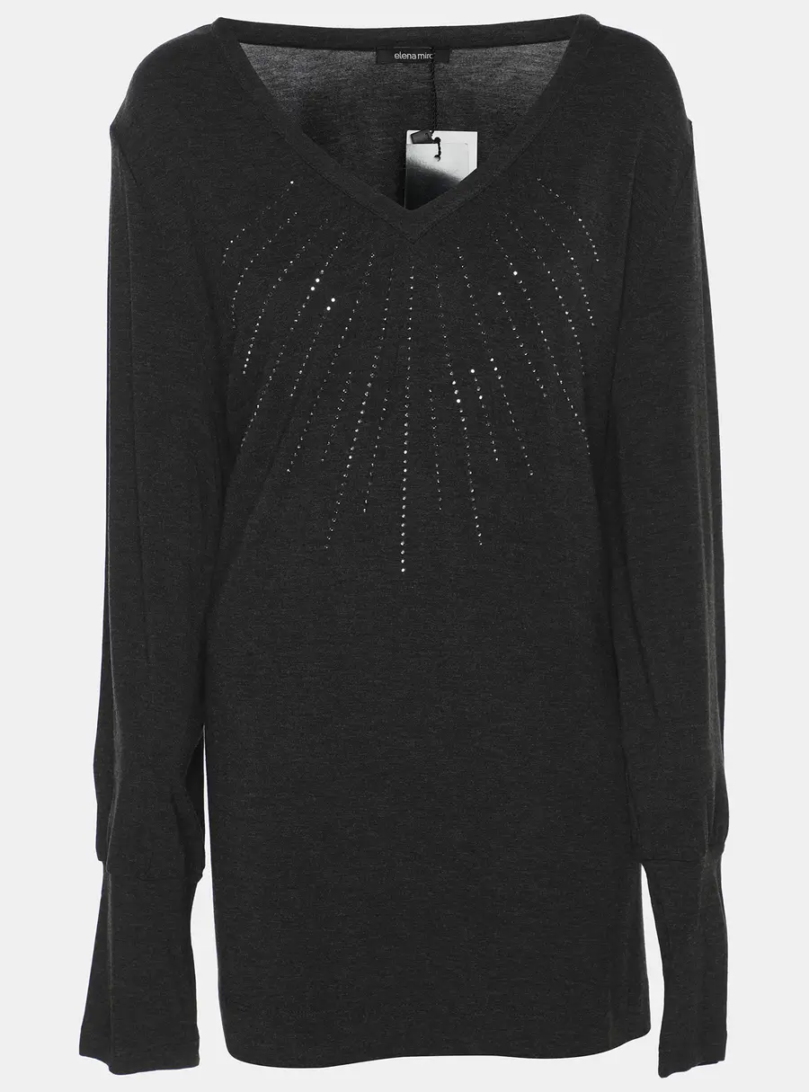 Elena Miro Dark Grey Jersey Embellished V Neck Top XXL