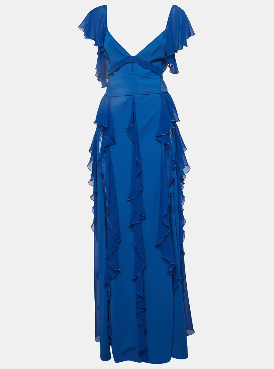 Elie Saab Blue Lace Trim Georgette Ruffled Gown M