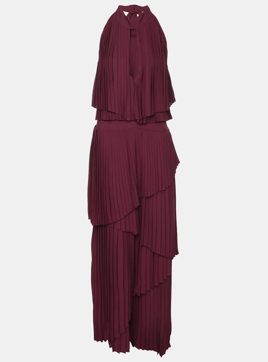 Elie Saab Burgundy Polyester Halterneck Pleated Long Dress L