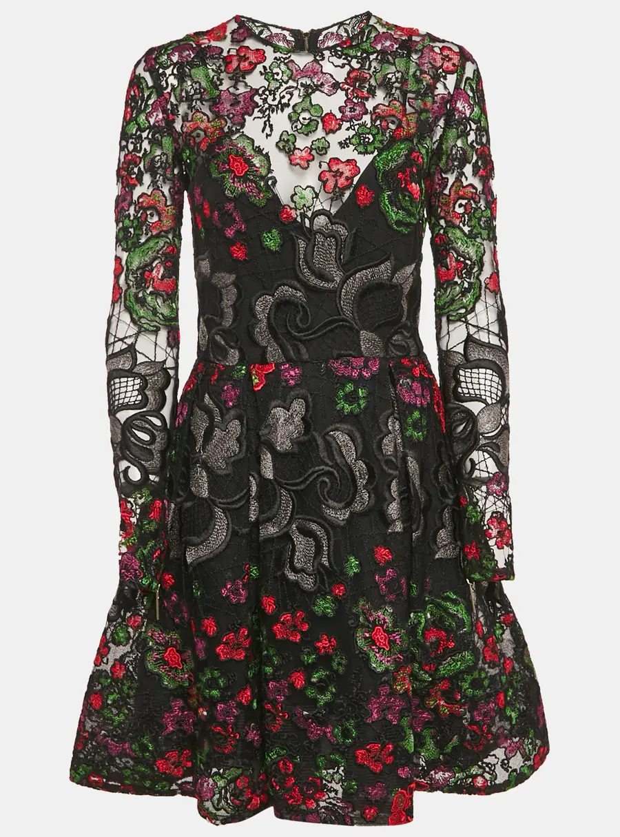 Elie Saab Black Floral Embroidered Tulle Flared Short Dress S
