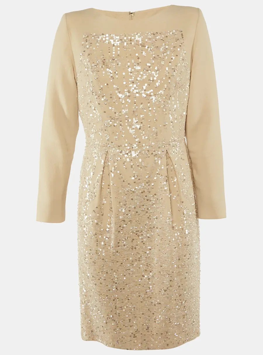 Elie Saab Beige Silk & Wool Embellished Knee Length Dress L