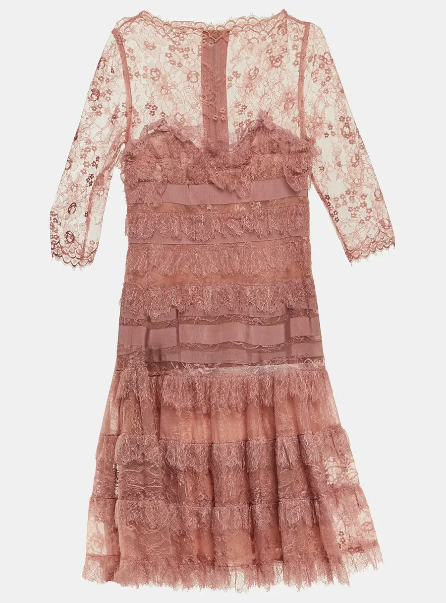 Elie Saab Pink Lace Ruffled Knee Length Dress L