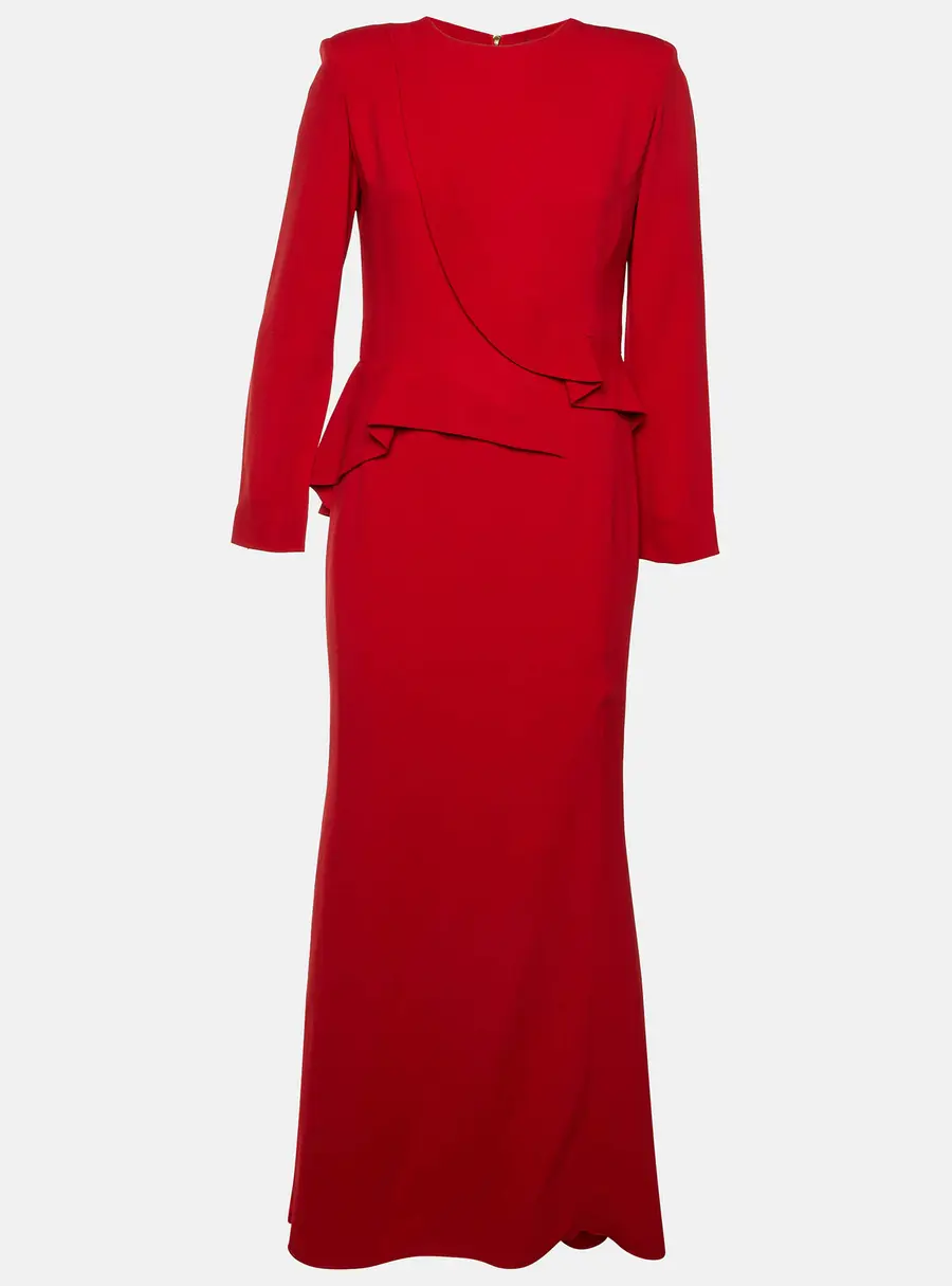 Elie Saab Red Crepe Ruffle Detail Maxi Dress L